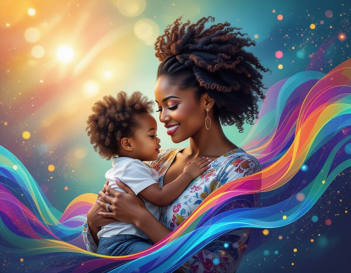 Hyperrealistic Ribbon Art: Mother and Child in Vibrant Color...