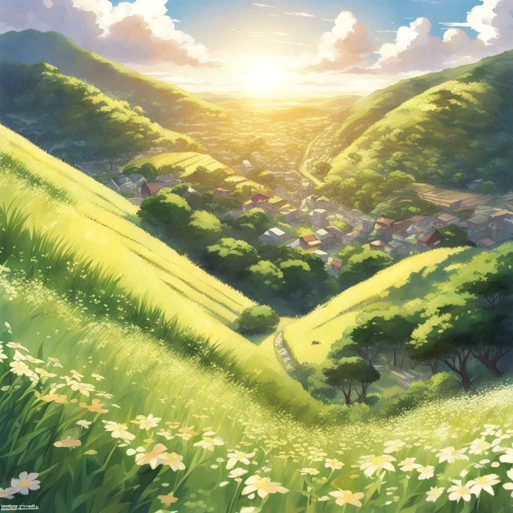 Sunny Hillside in Anime Key Visual Style