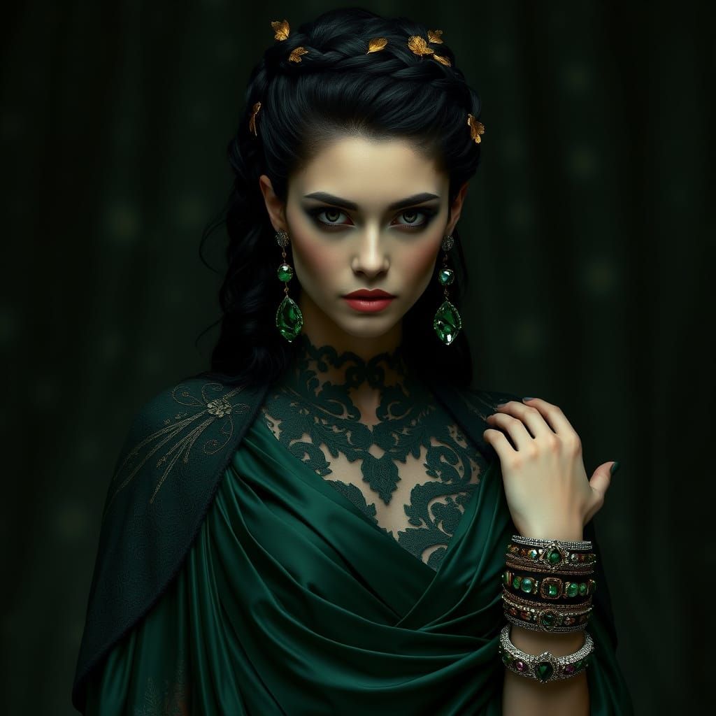 Enigmatic Woman in Dark, Luxurious Gown with Art Nouveau Acc...