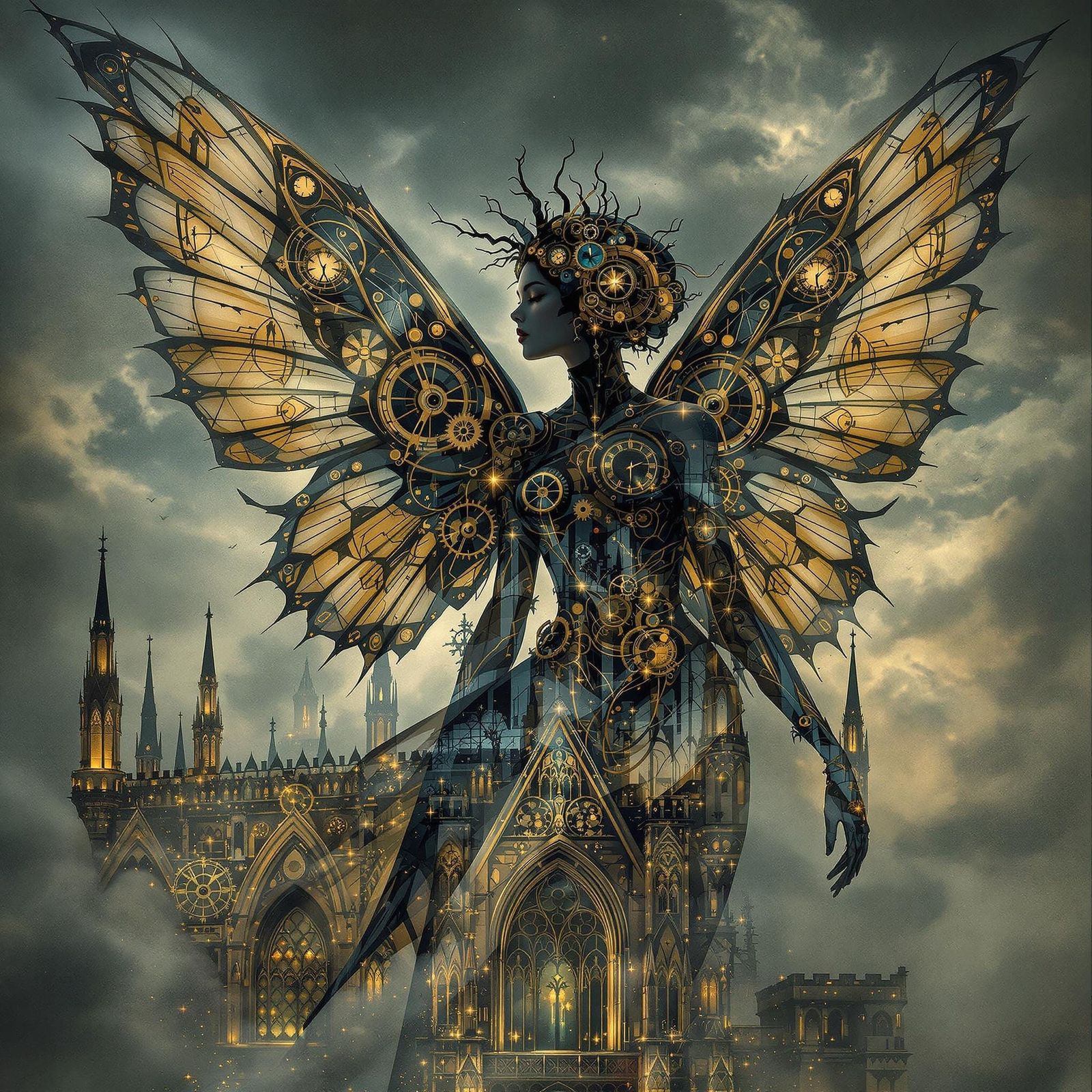 Steampunk Fairy Over Gothic Cathedral in Dark Fantasy Style