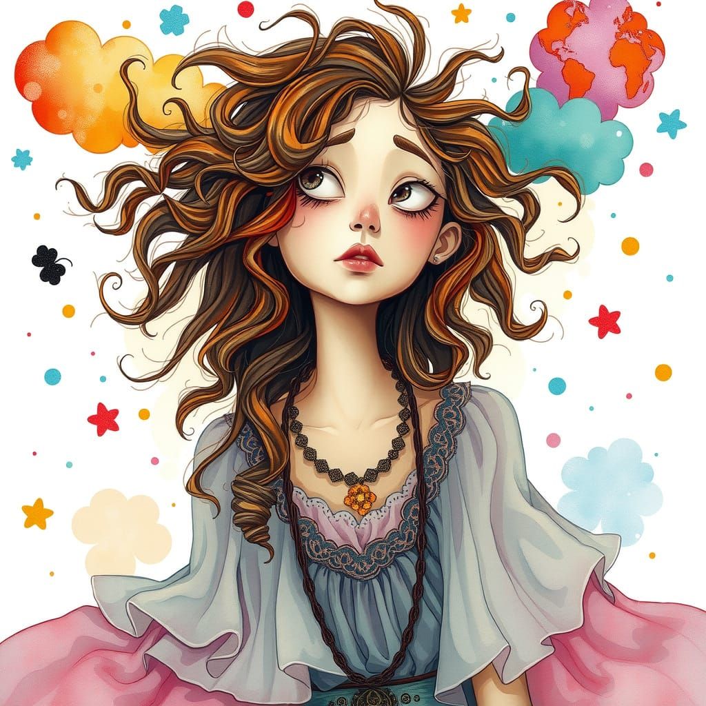 Dreamy Bohemian Woman Lost in Whimsical Thoughts