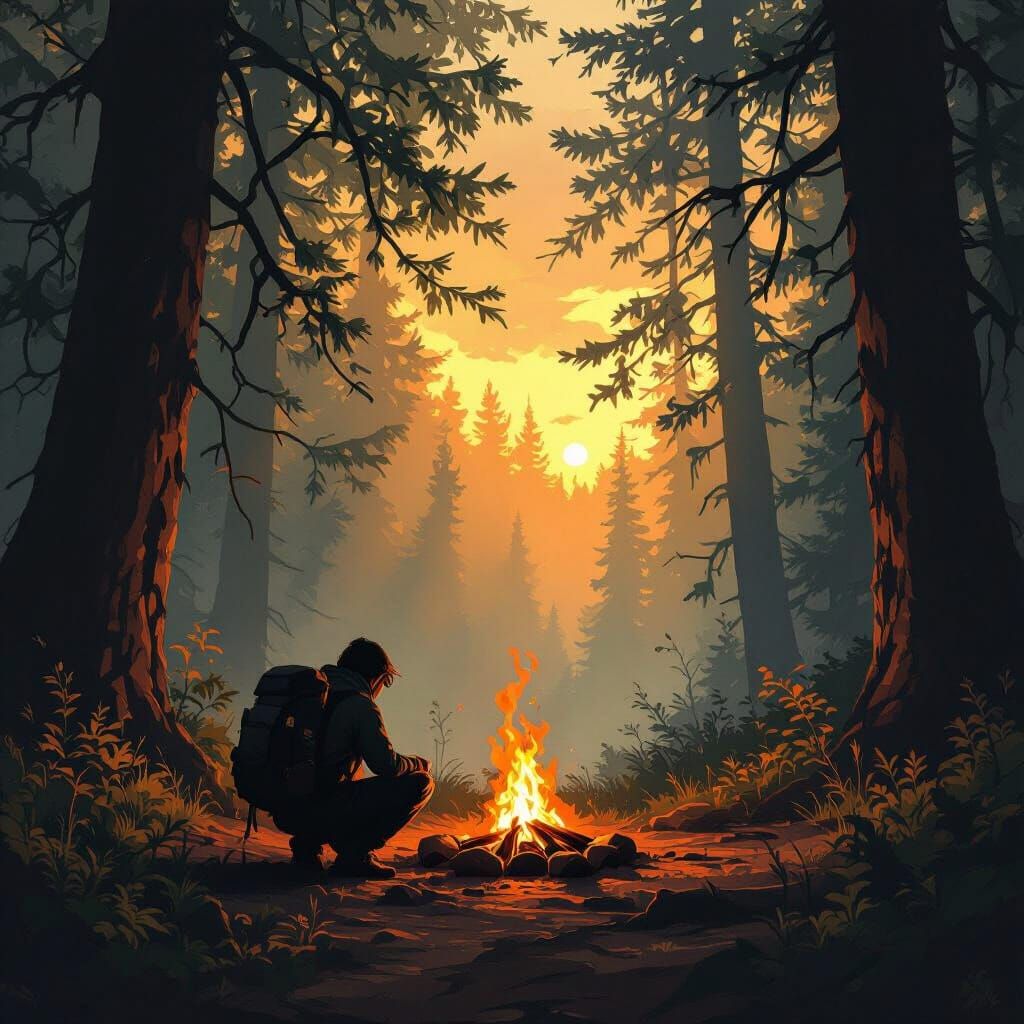 Lone Hiker's Campfire in Ancient Forest at Sunset