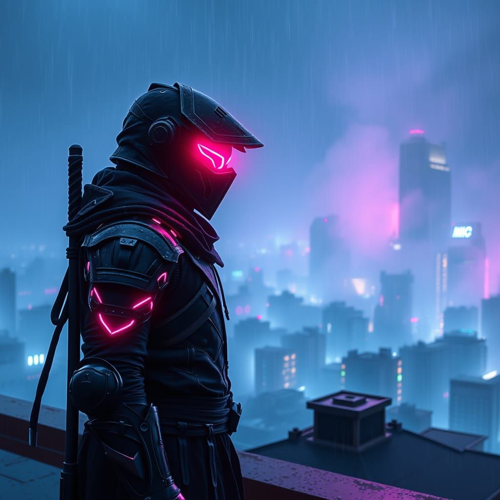 Neon Ninja Over Cyberpunk Cityscape