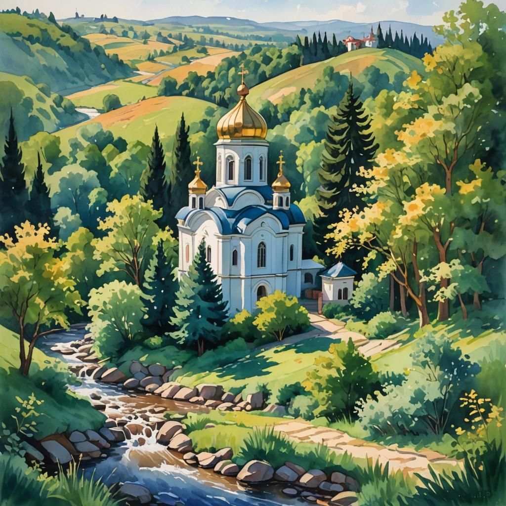 Orthodox Church on Hill in Gouache Style