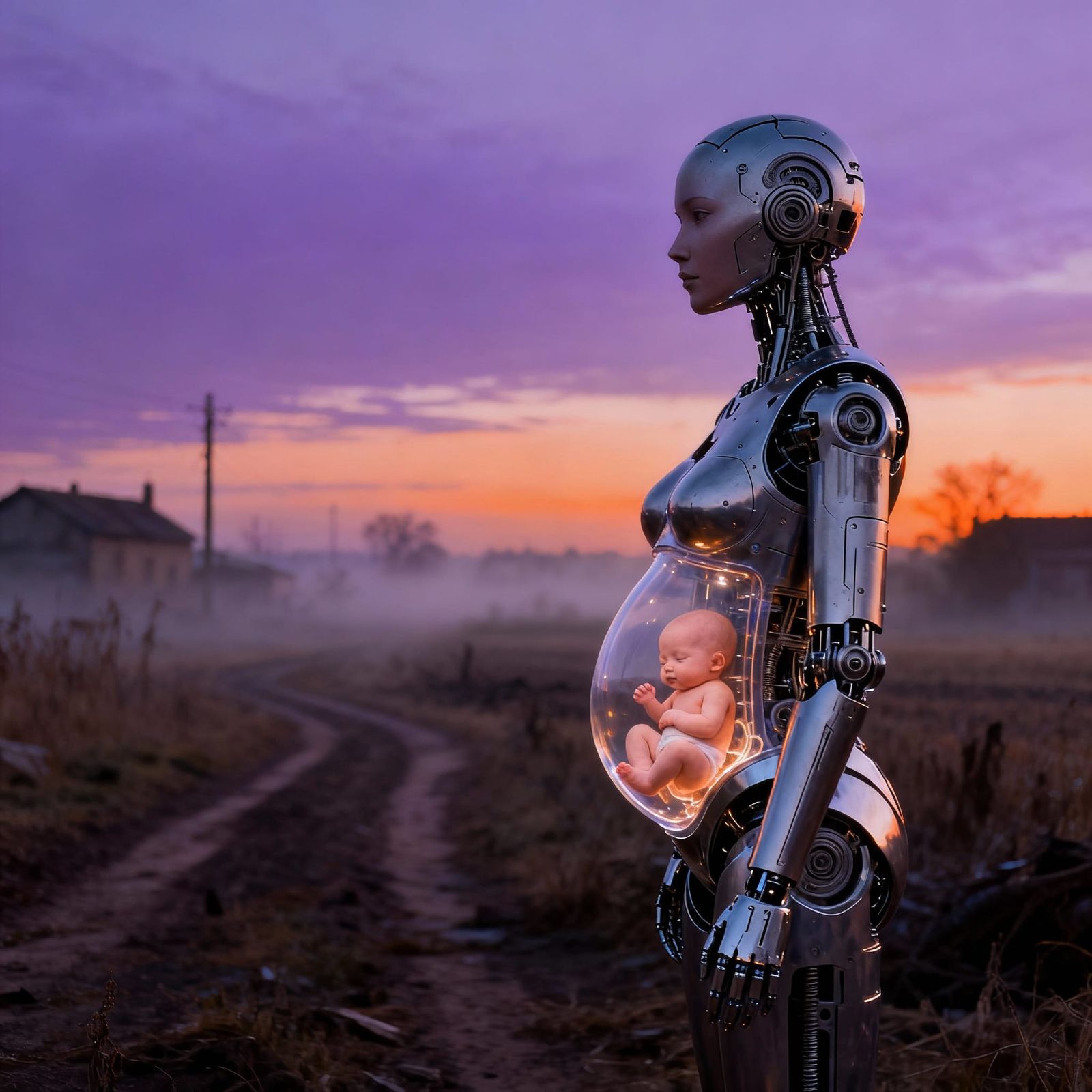 Pregnant Android with Transparent Belly in Rural Landscape