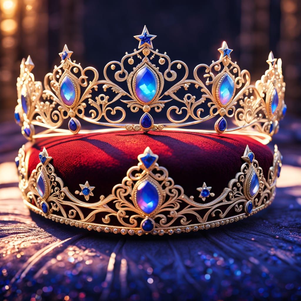 Intricate Silver and Pearl Tiara on Velvet Cushion