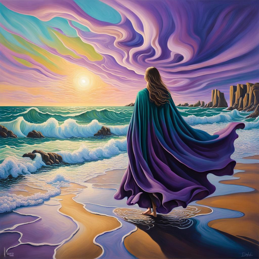 Surreal Woman Roams Melting Shores in Dreamlike Art