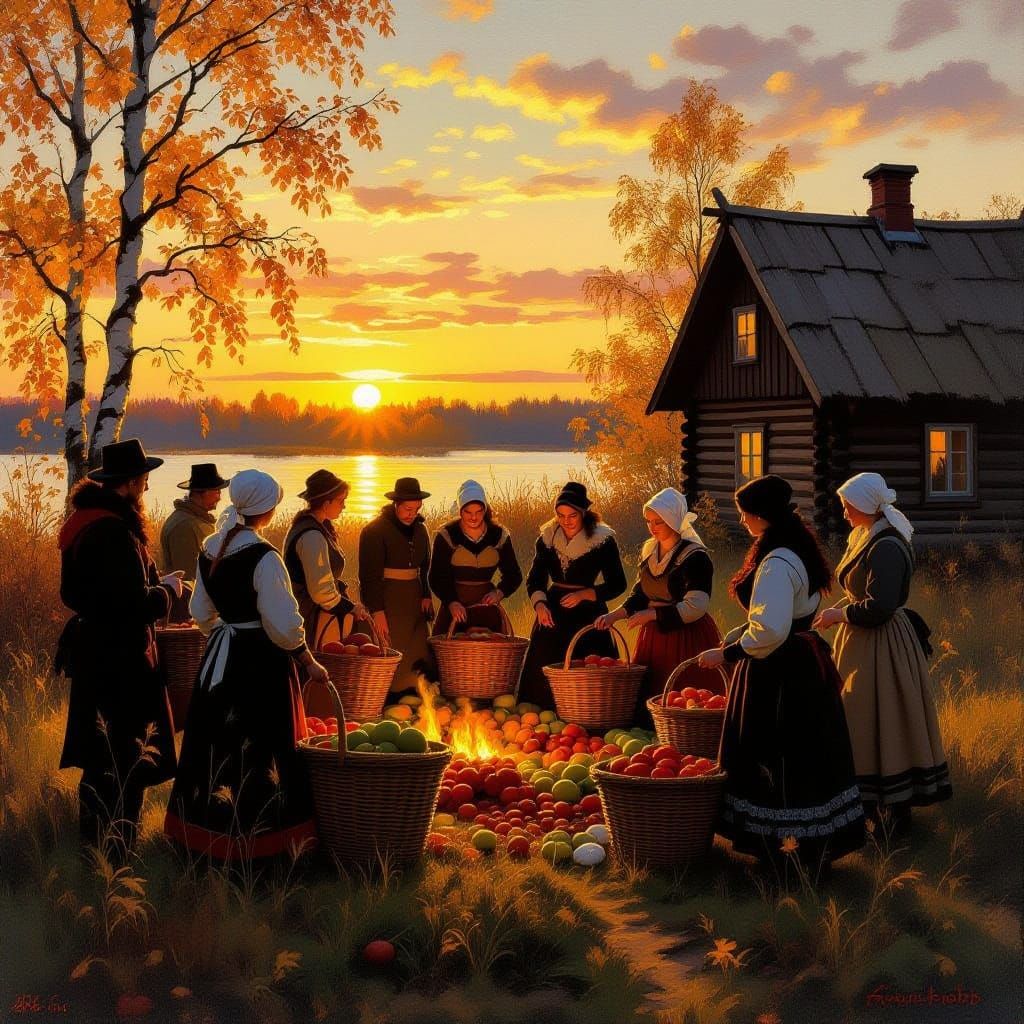 Finnish Harvest Festival Scene in Autumn Oil Painting Style