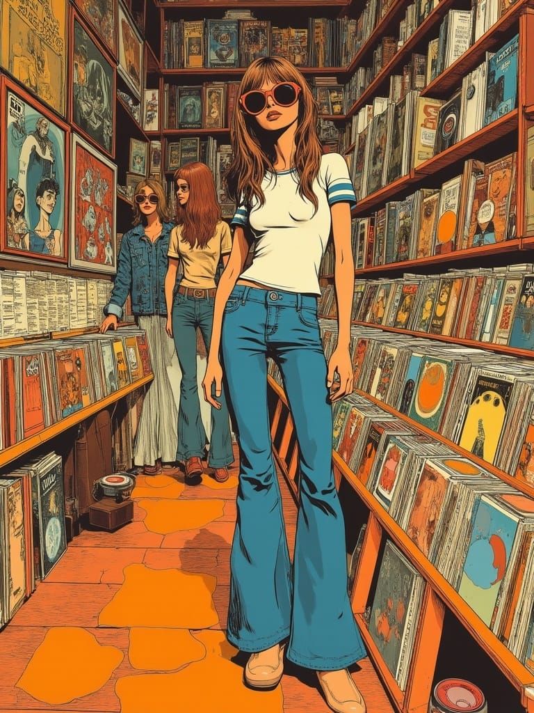 Charming Vintage Record Store in Comic Book Style