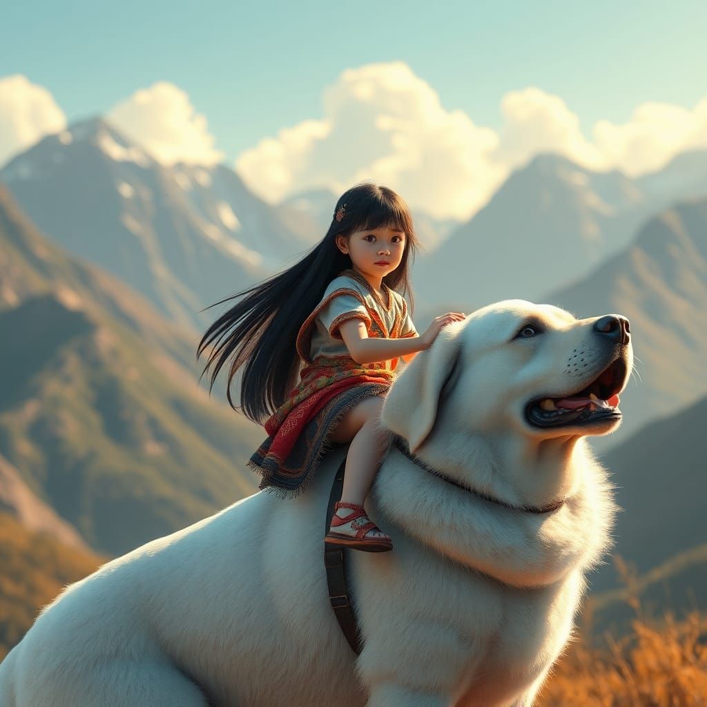Girl on Labrador in Mountain Landscape: Fantasy Concept Art