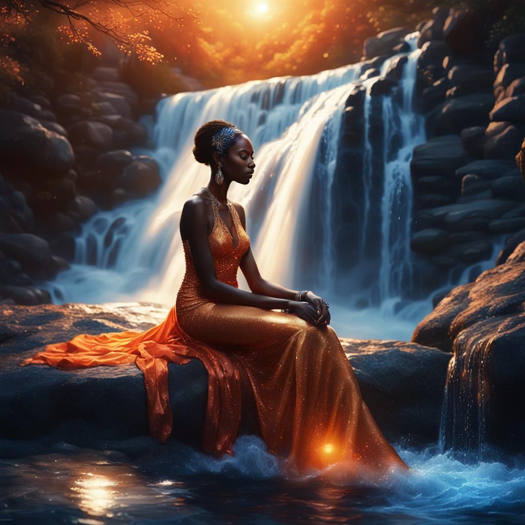 Realistic Fantasy Concept Art of Dark-Skinned Woman at Sunse...