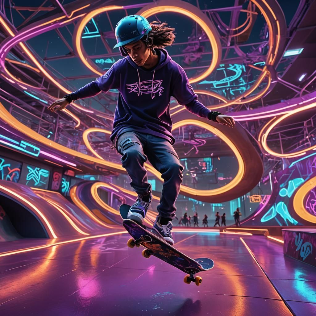 Futuristic Skateboarder in Mega Skate Park Concept Art