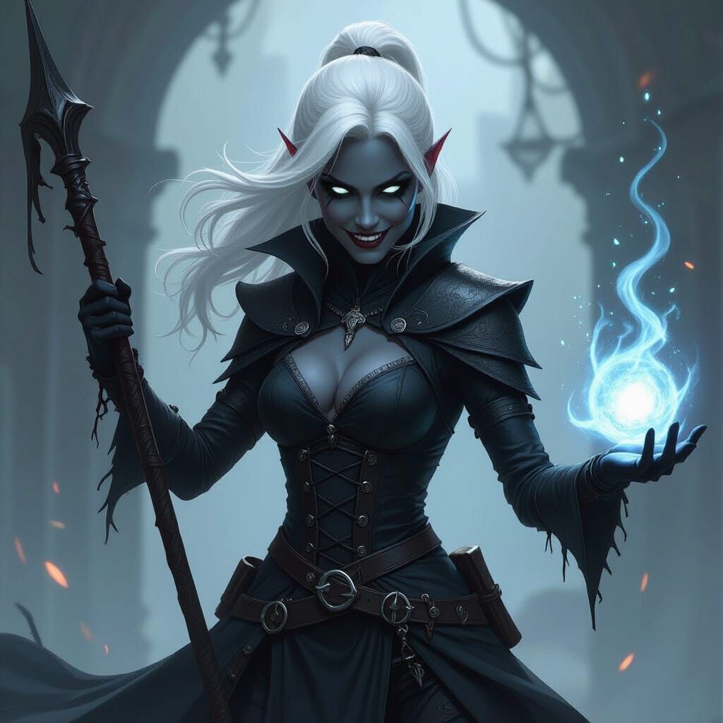 Drow Warlock Unleashing Shadow Magic in Combat