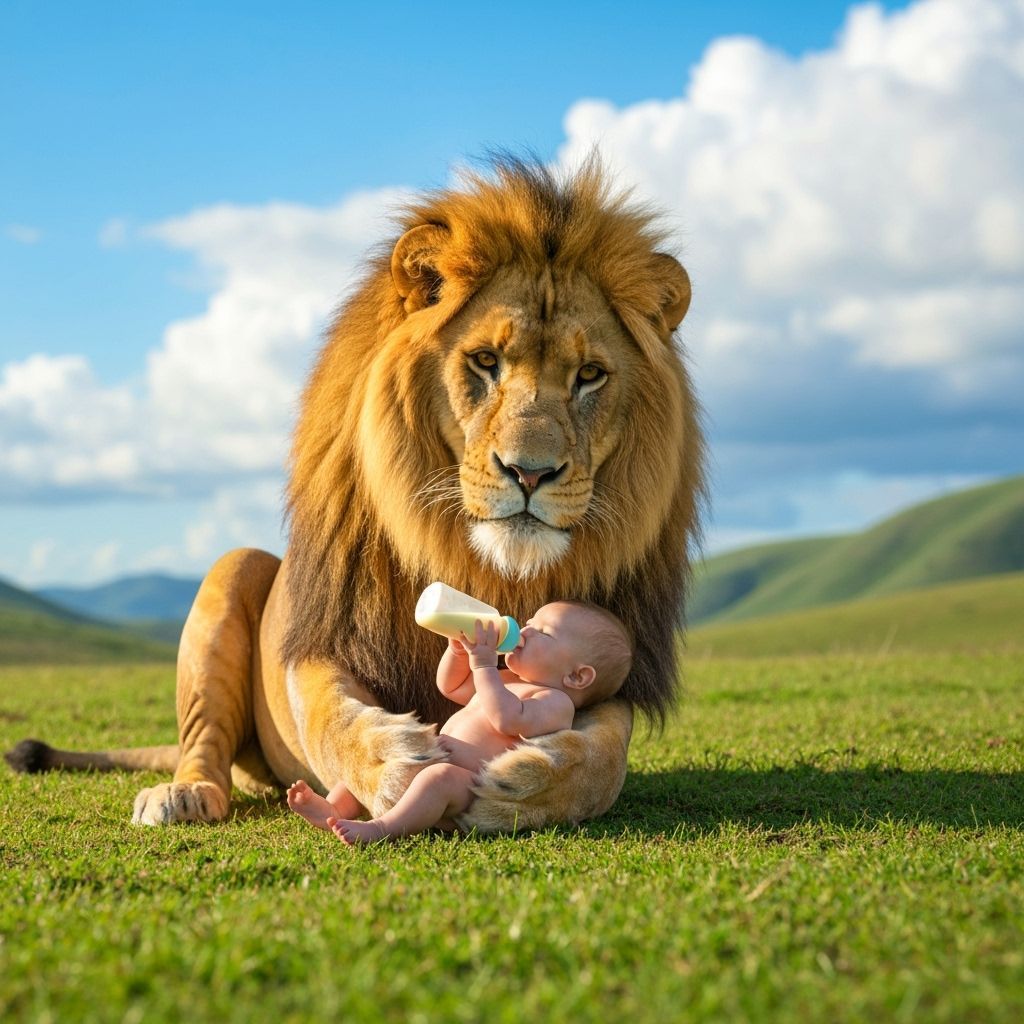 Lion Cradling Infant in Gentle Morning Light