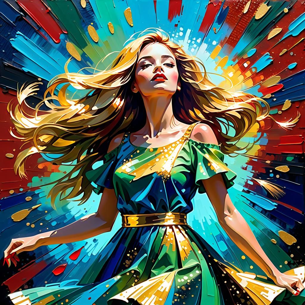 Impressionistic Sunshine Girl in Acrylics with Gold Accents