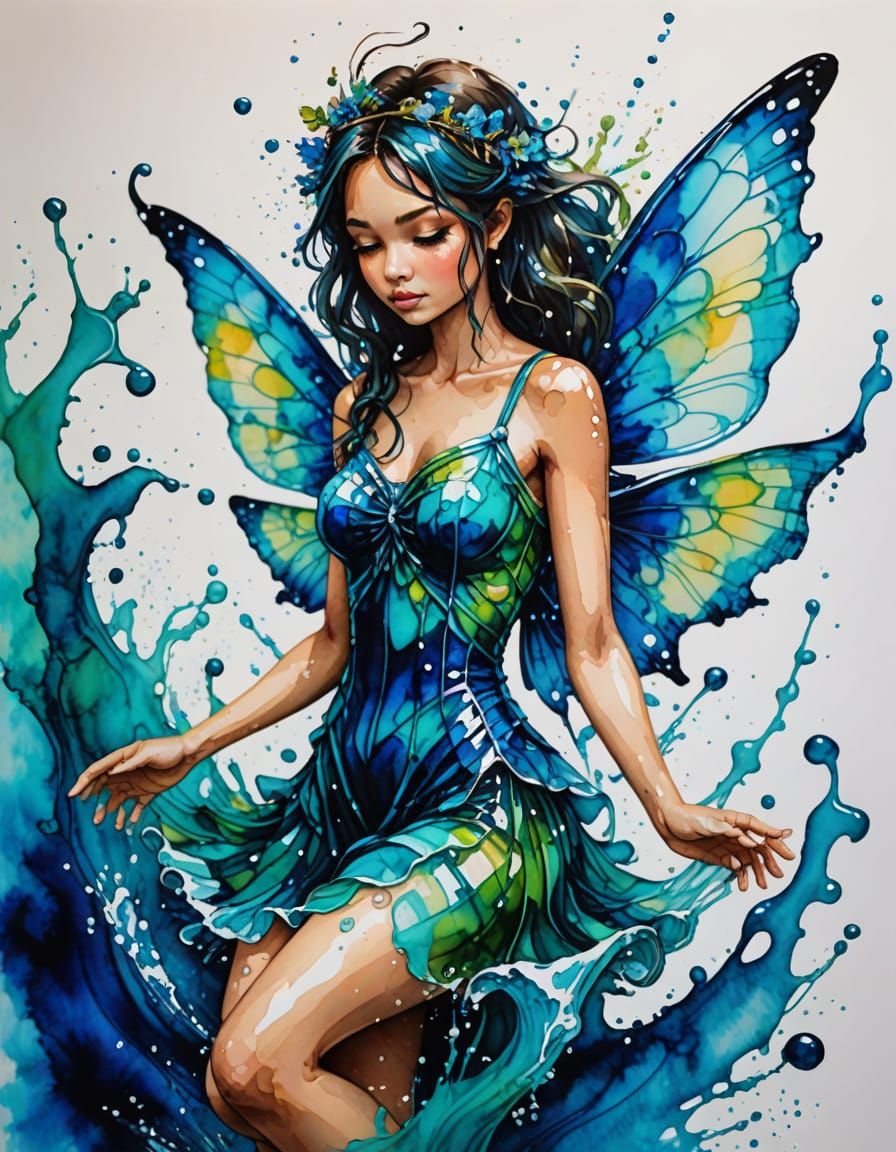 Water Fairy with Vibrant Alcohol Ink Splashes and Wings