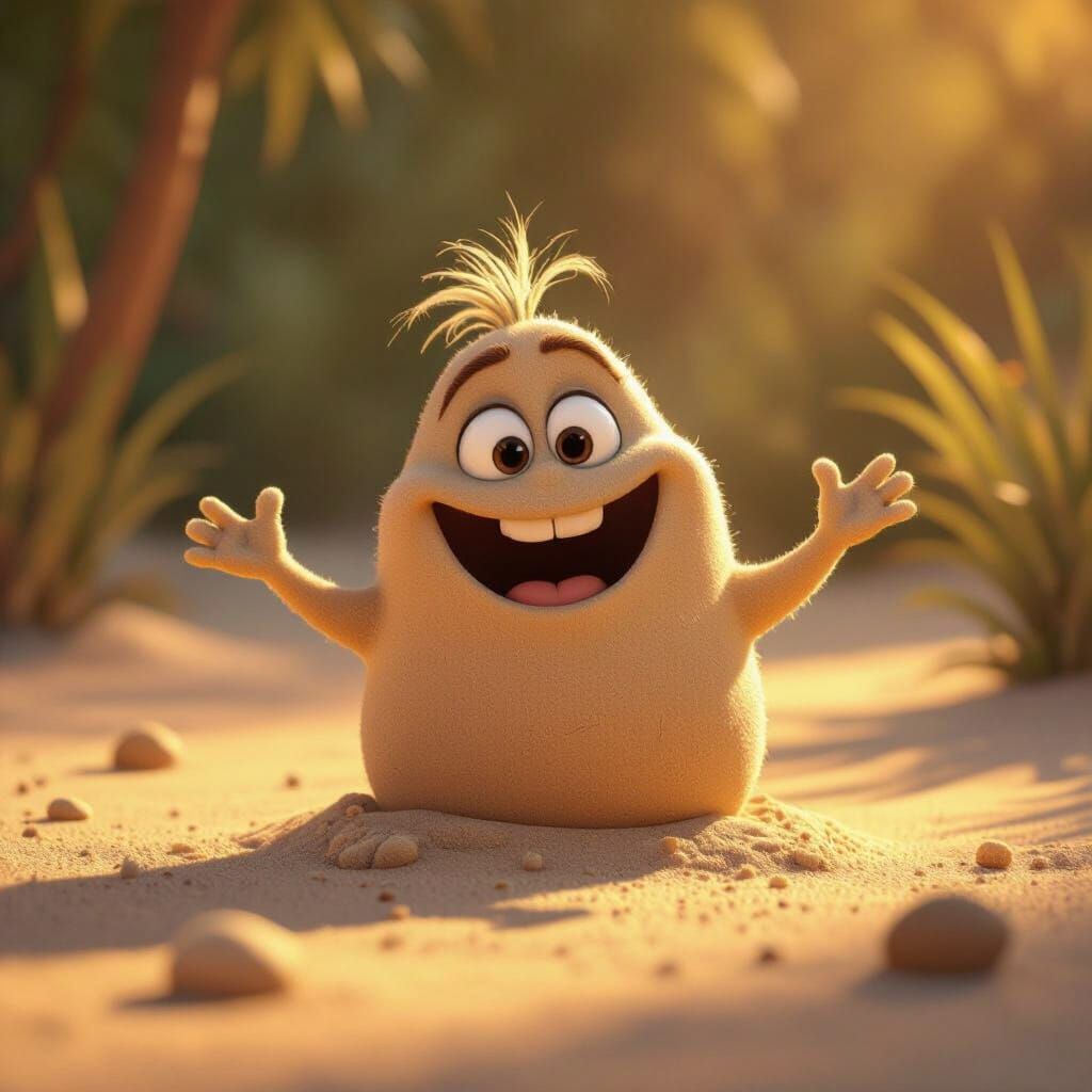 Joyful Sand Creature Moves Like Vowels in Golden Hour Light