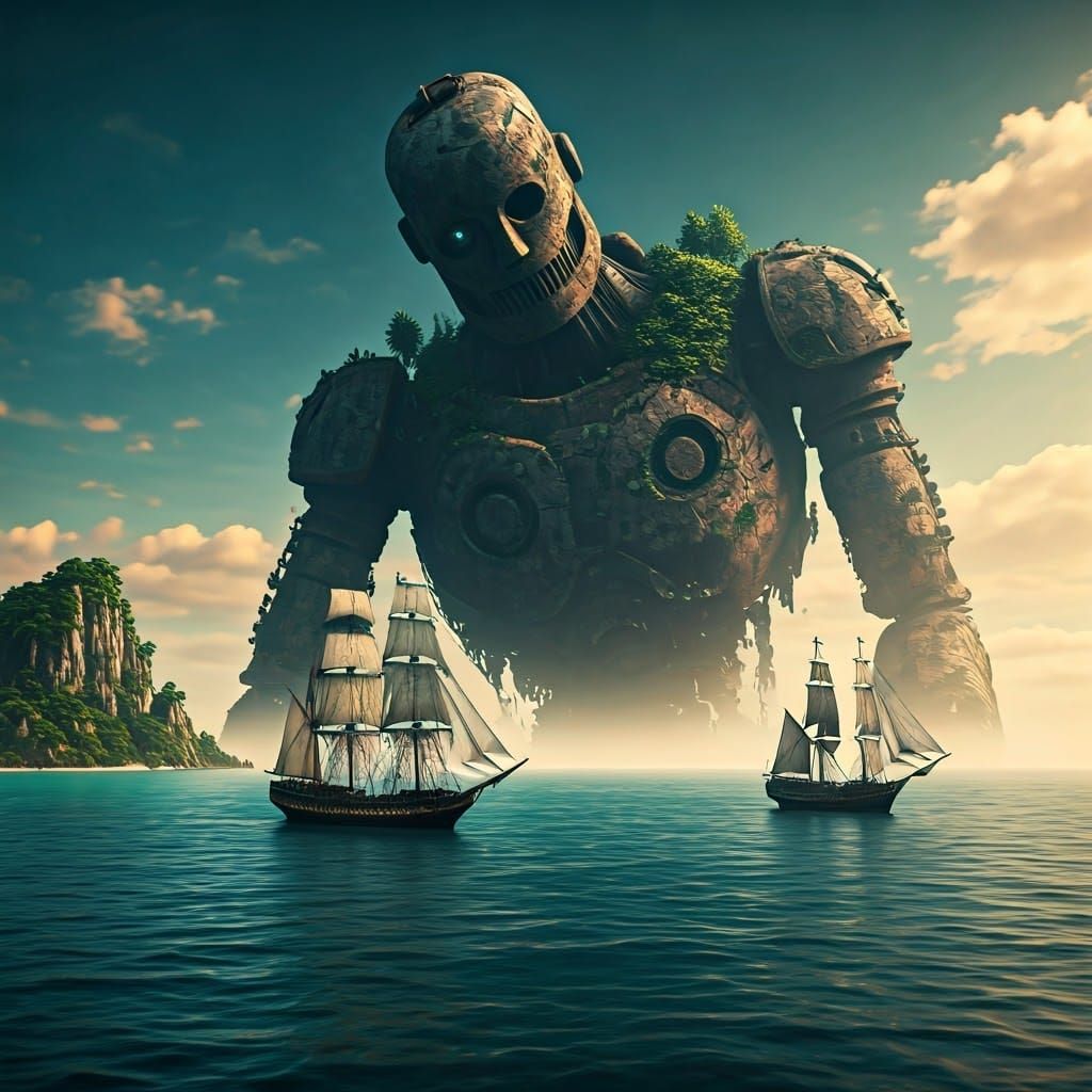 Colossal Robot Relic in Azure Sea, Hyperdetailed Art