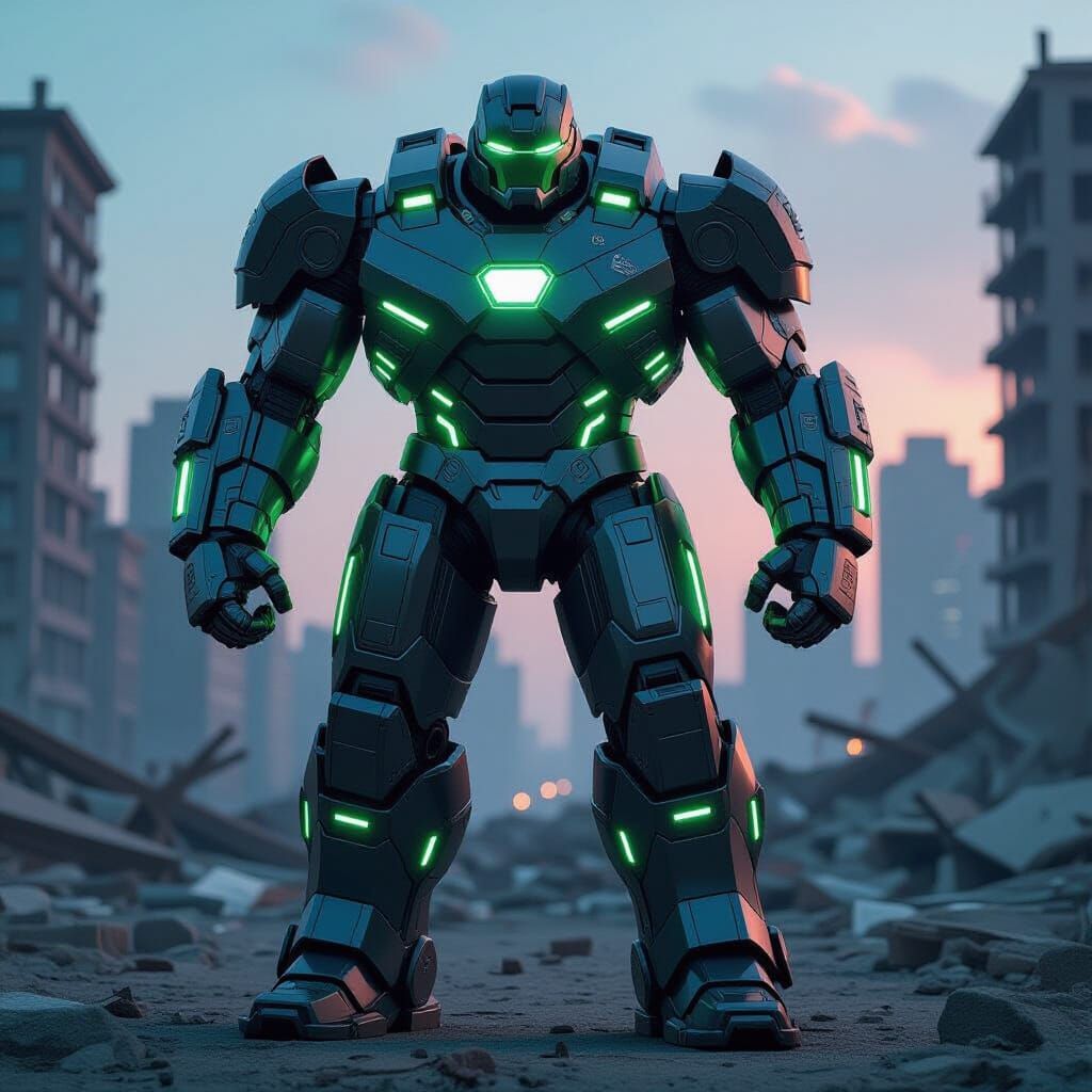 Futuristic Hulkbuster Armor in Ruined Cityscape