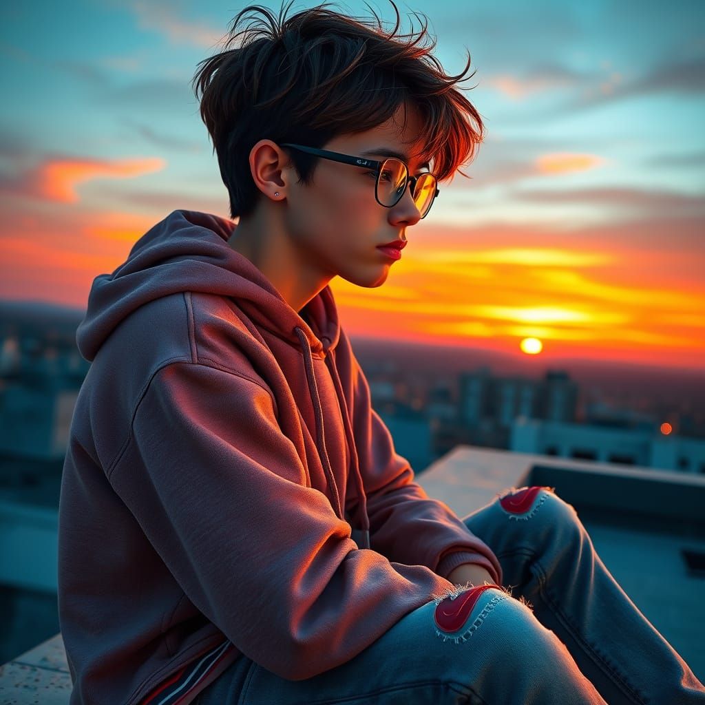 Teenage Boy Contemplates Sunset on Rooftop