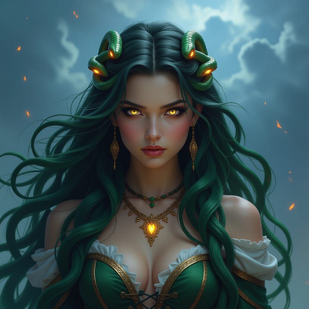Fantasy Medusa Woman with Snake Hair in Stormy Sky