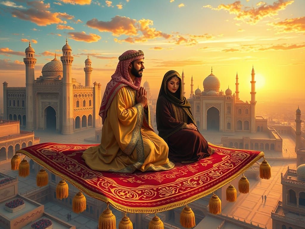 Ancient Arabic Couple Soars on Magical Flying Carpet over Ma...