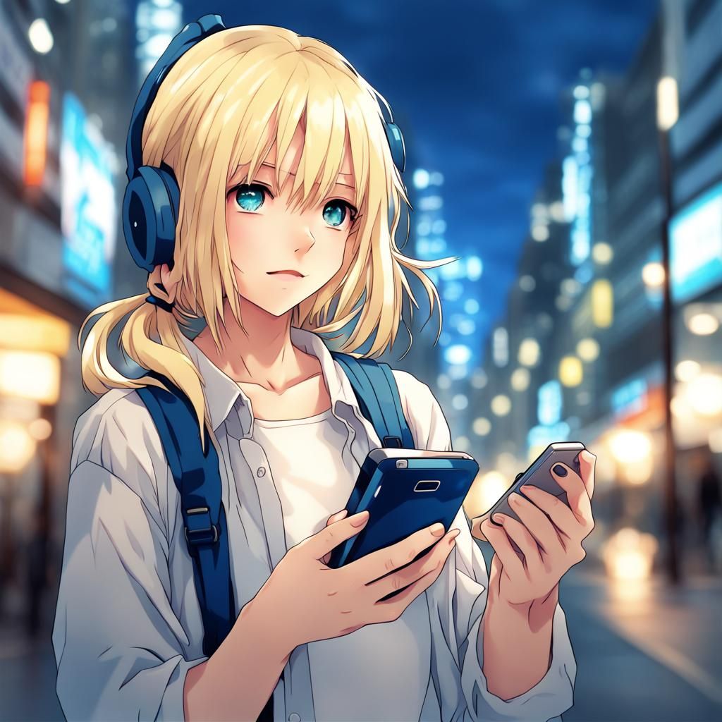 Blue-Haired Girl Holding Phone in Anime Style