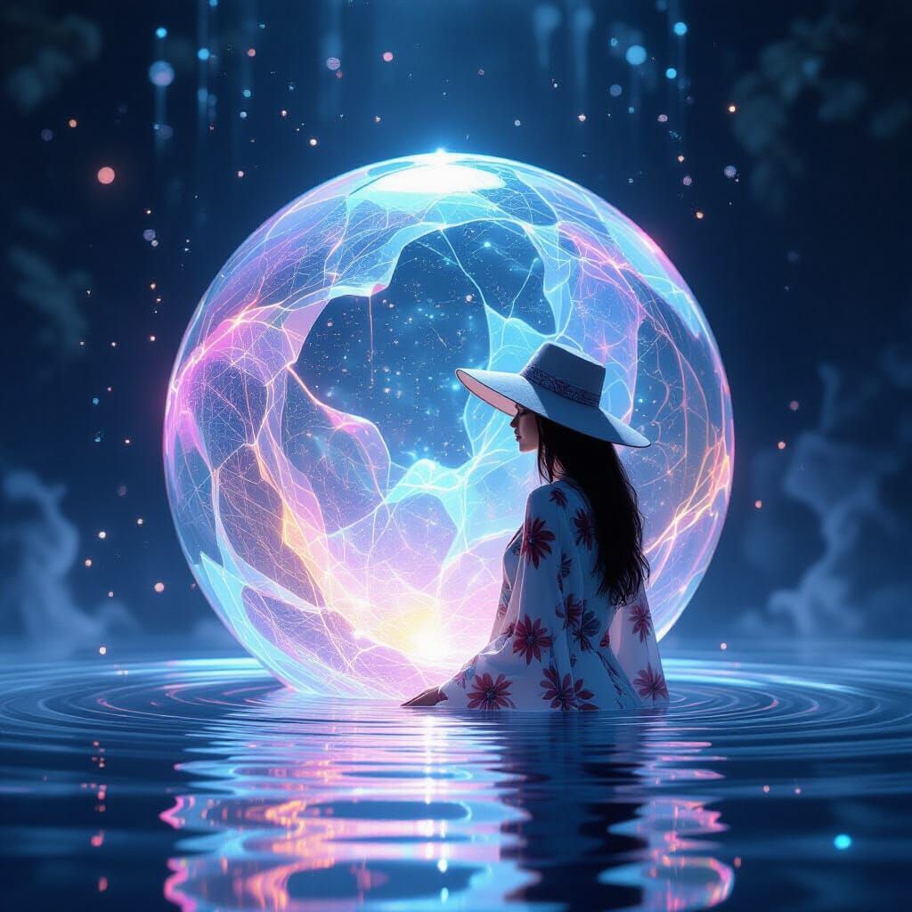 Iridescent Orb in Surreal Neon Landscape