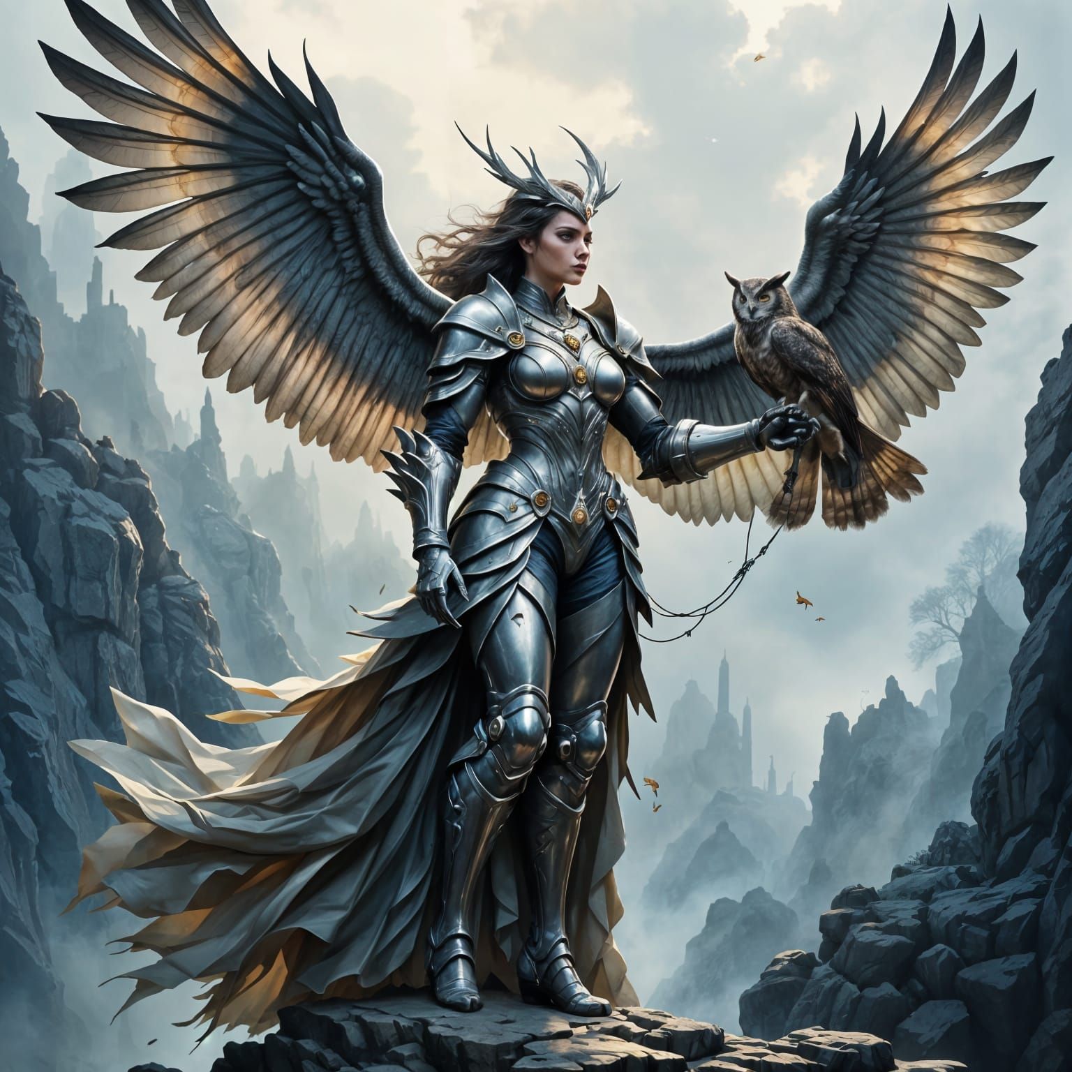 Fantasy Warrior with Owl on Cliff Edge