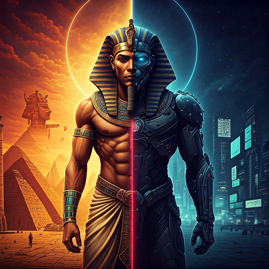Divine Being Split Between Ancient Egypt and Cyberpunk Civil...