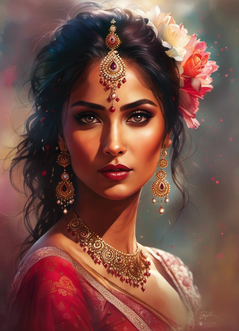 Gorgeous Indian Boudoir Wedding Portrait in Watercolour Styl...