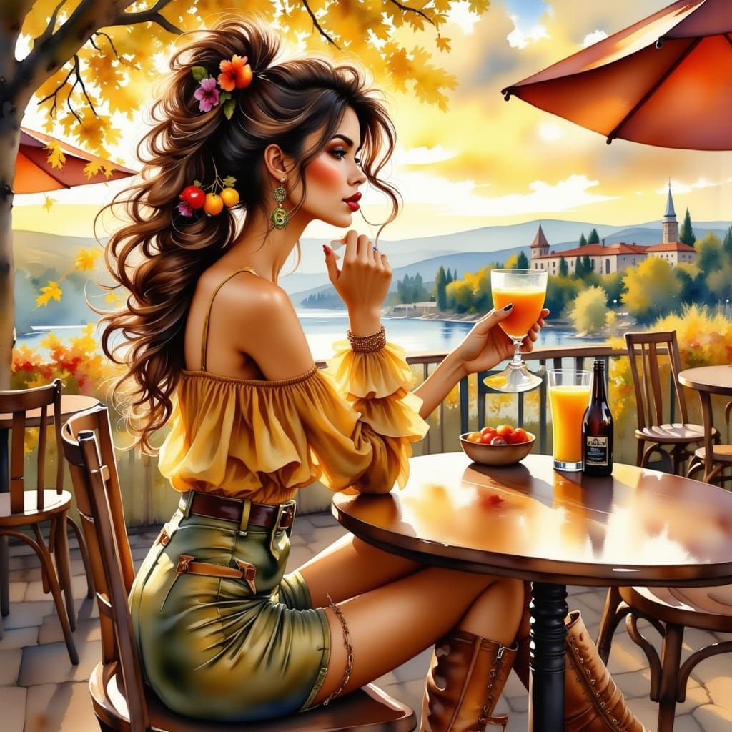 Woman at Terrace Bar in Painterly Golden Hour Style