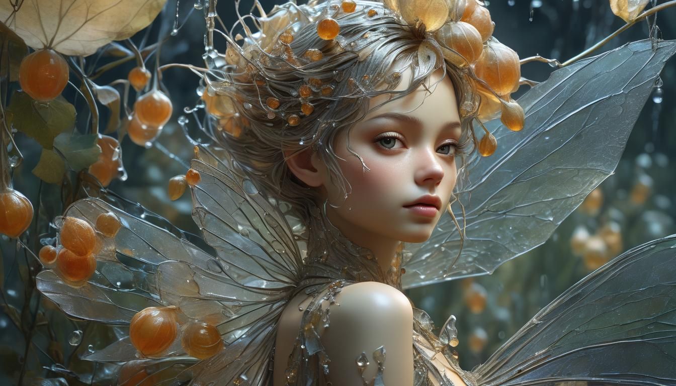Dew Fairy Portrait in Physalis, Art Nouveau Style