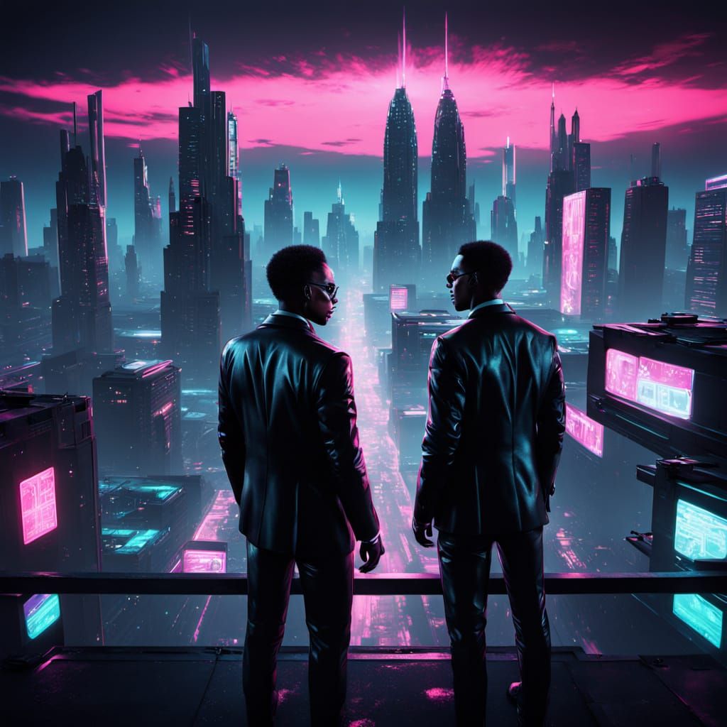 Men in Black Stare Out Across a Futuristic Cityscape in Neon...