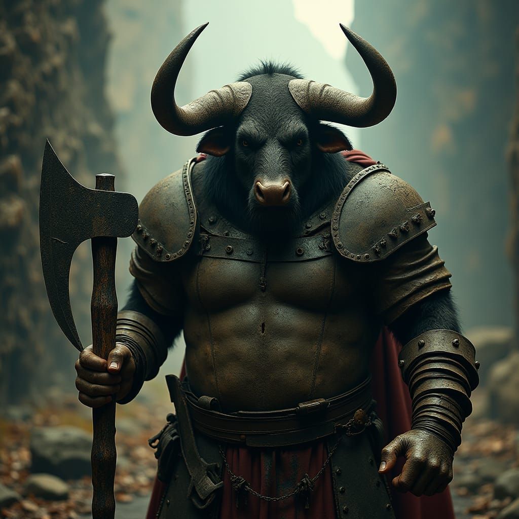 Minotaur Warrior in Dark Fantasy Landscape