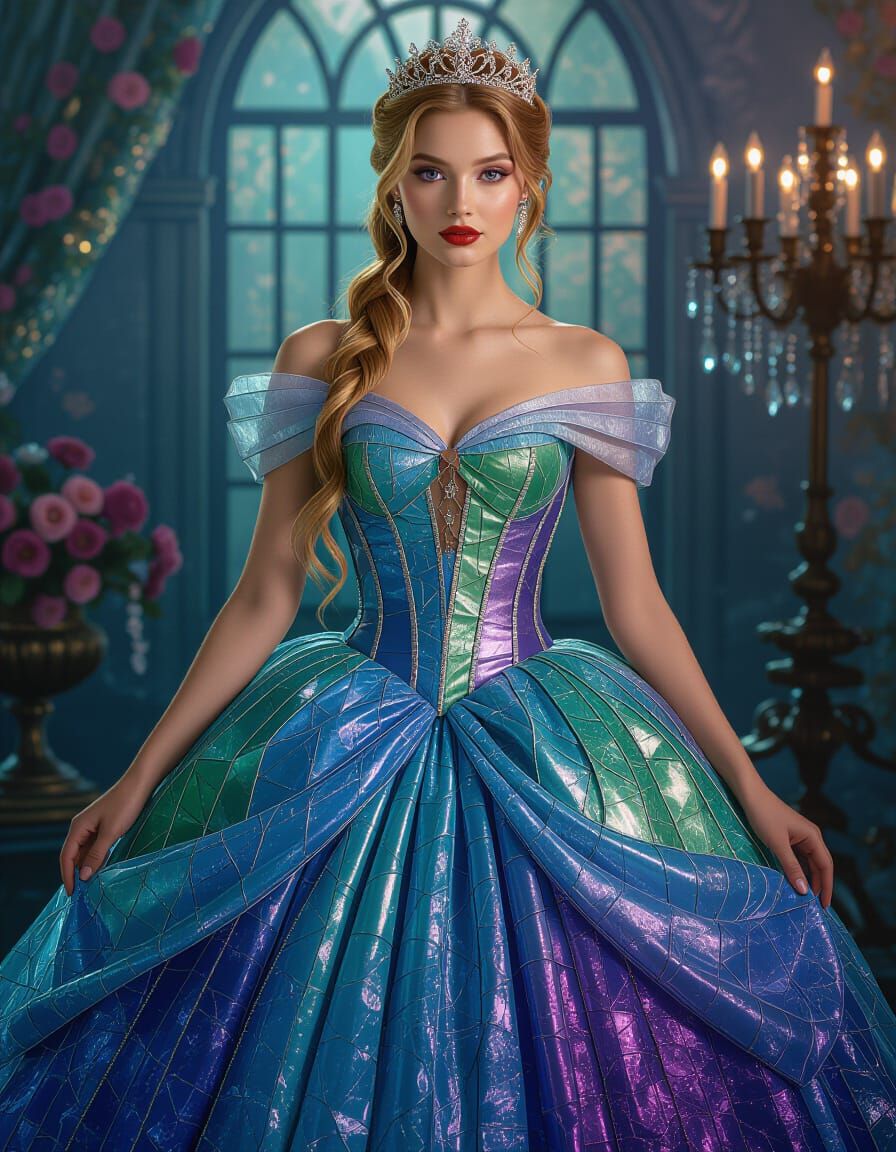 Young Woman in Cinderella Ball Gown with Glass Skirt