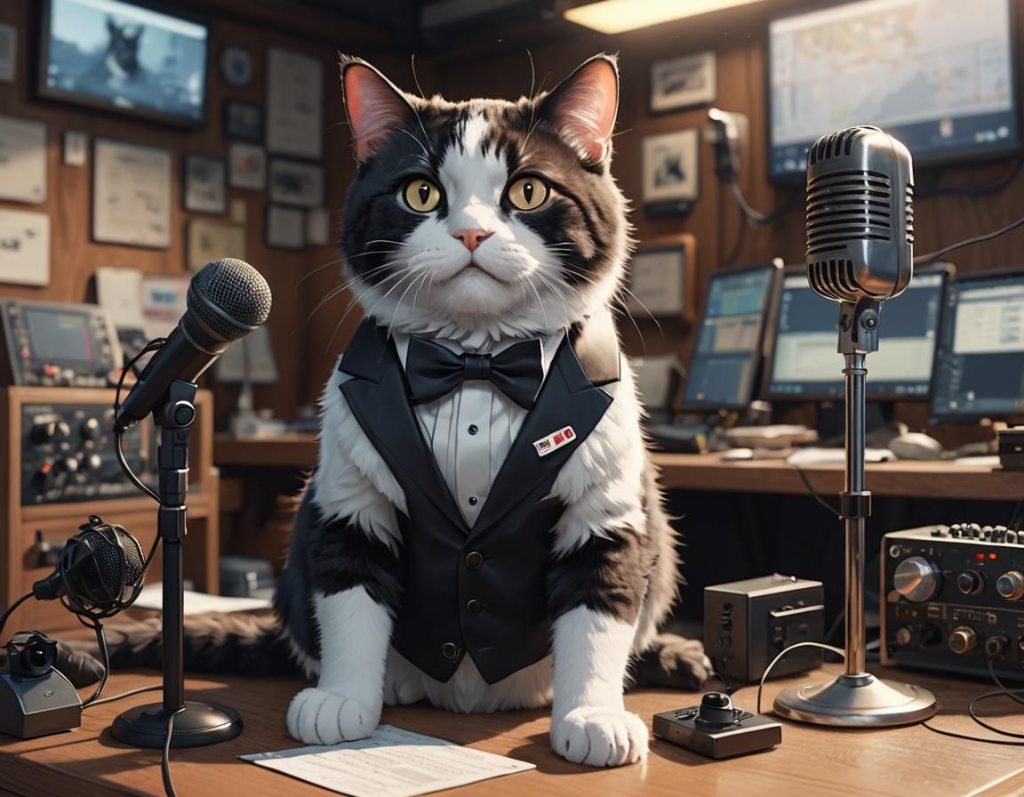 Tuxedo Cat Broadcaster in 3D Anime Style