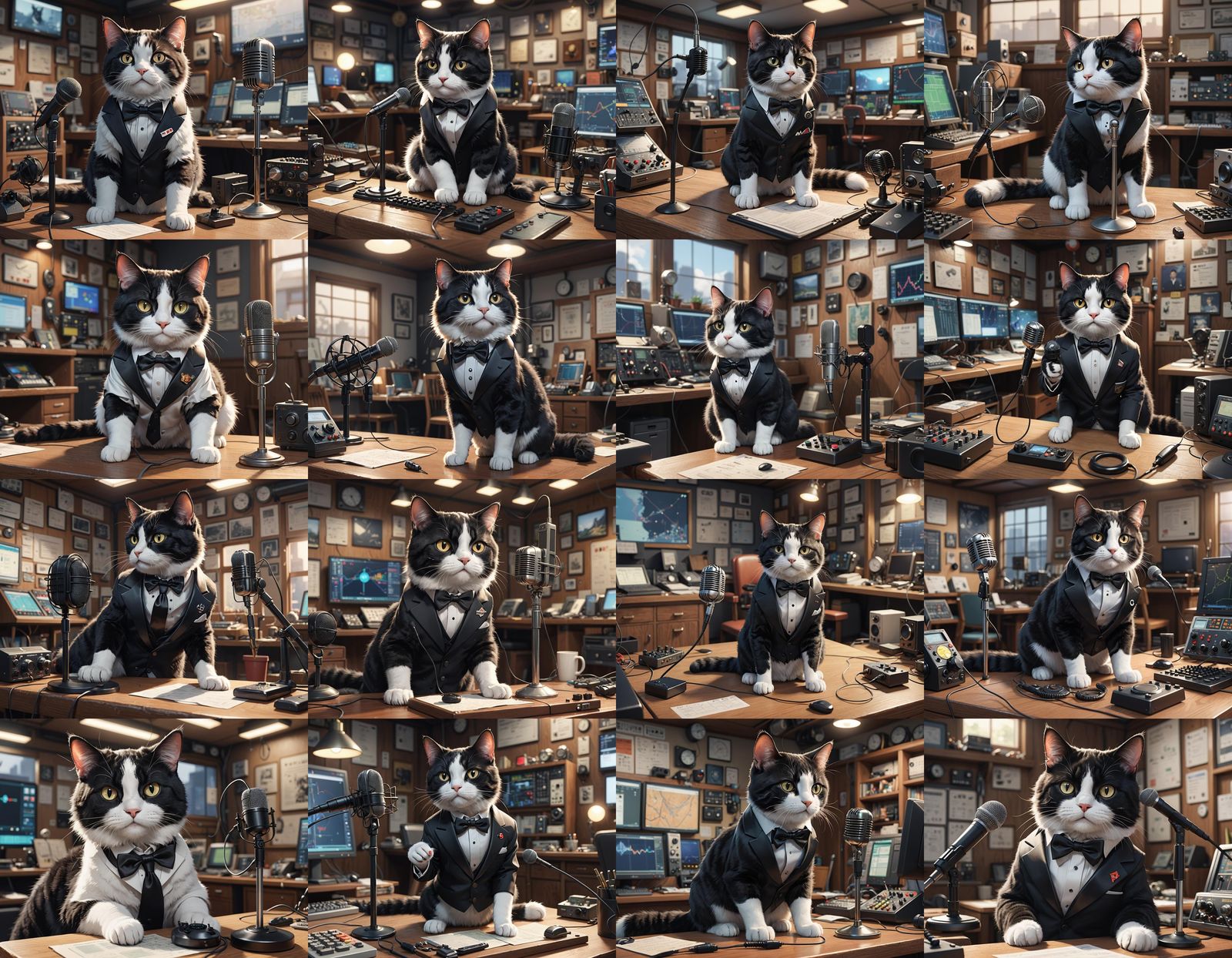 Tuxedo Cat Calling CQ in Anime Radio Shack