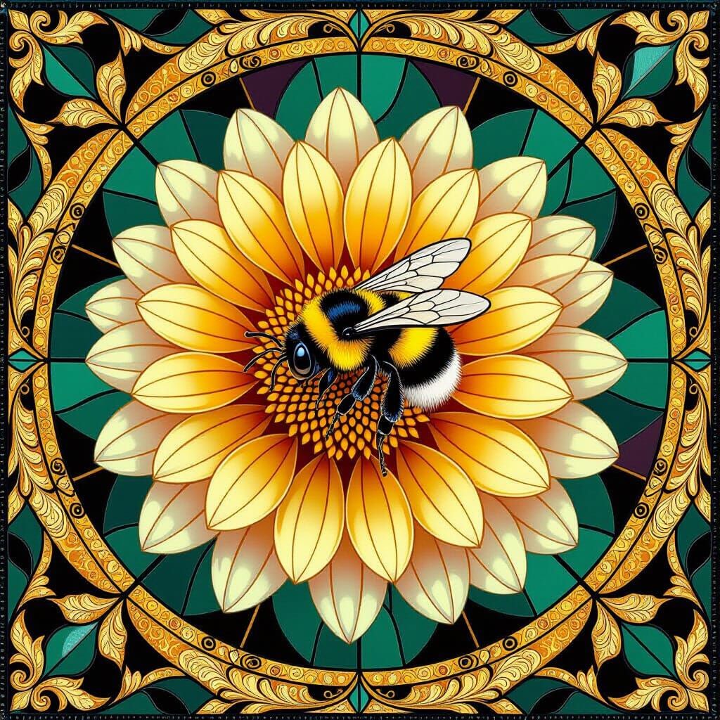 Bee Sleeping on Dahlia in Stained-Glass Style