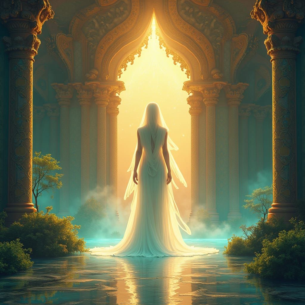 Ethereal Being Beckons at Temple Threshold