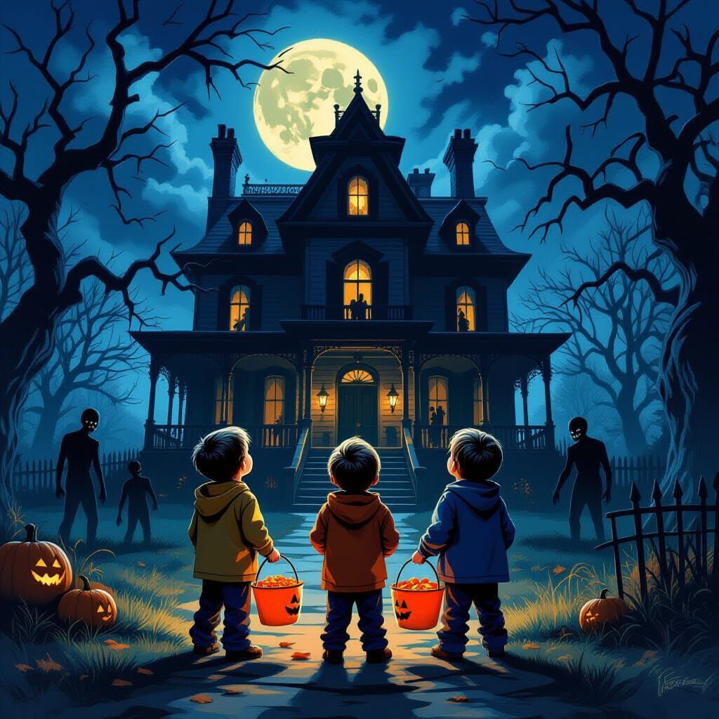 Boys Gaze At Giant Haunted Mansion with Zombies