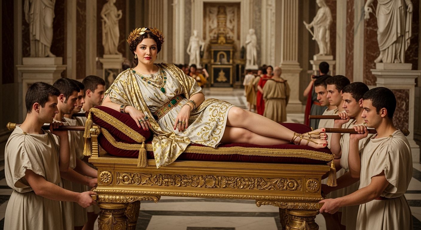 Regal Roman Empress on Golden Litter, Baroque Style