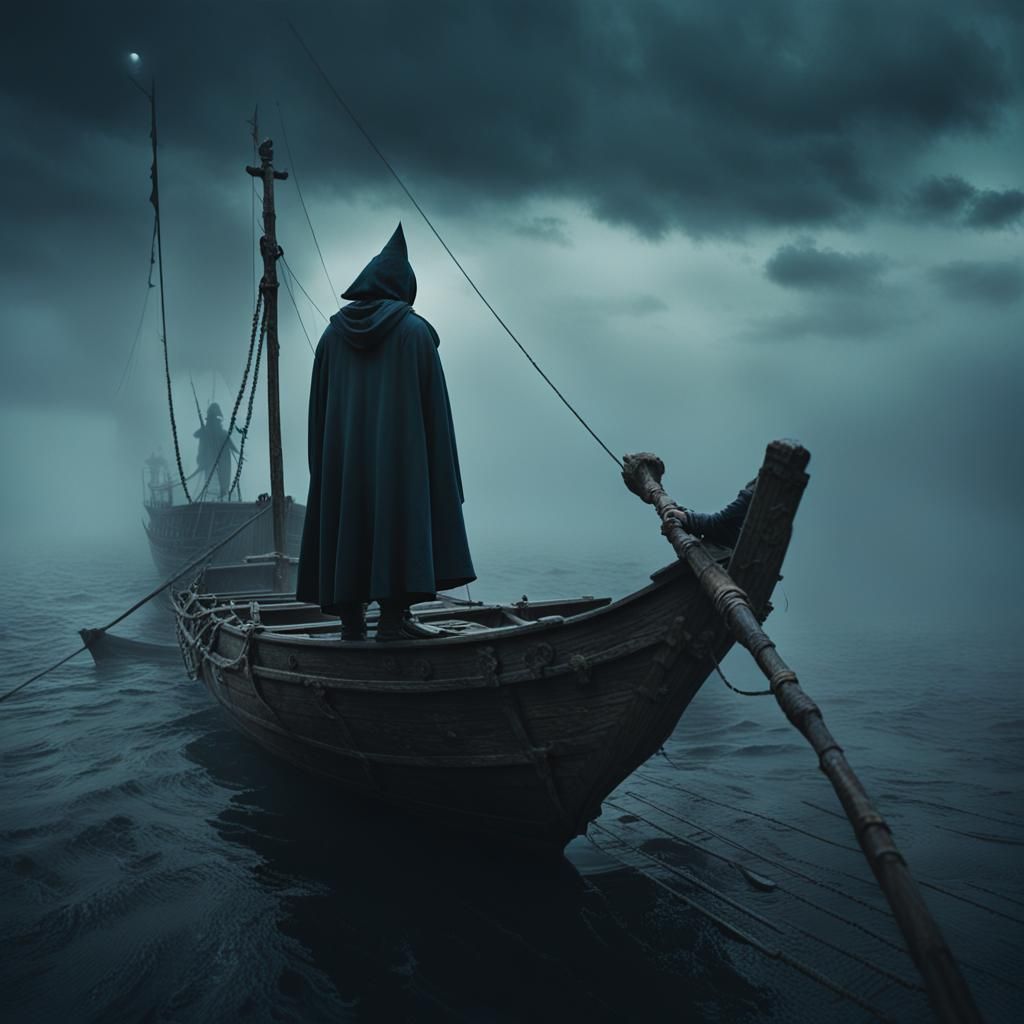 Hooded Wizard Leads Skeleton Crew on Stormy Sea