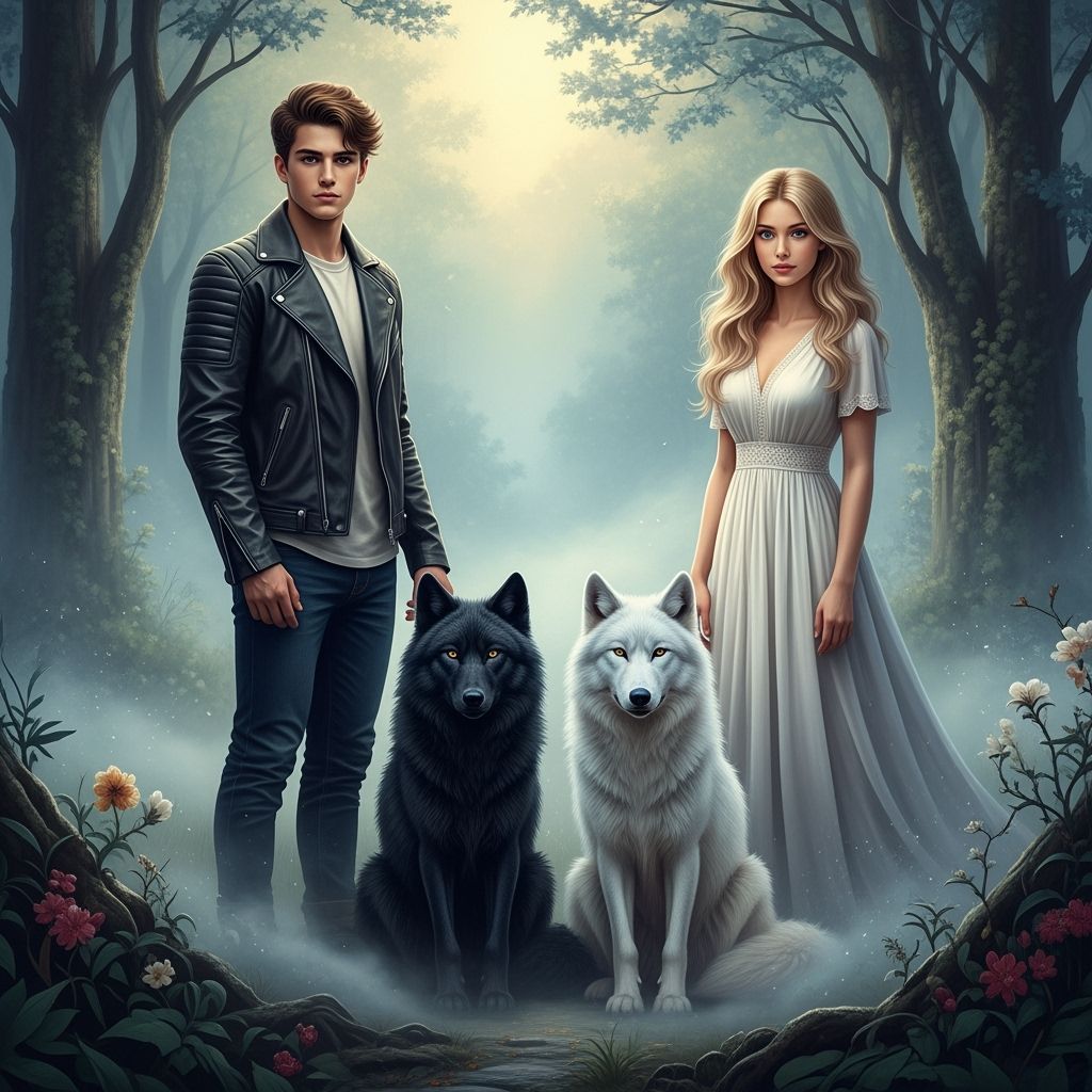 Boy and Girl with Wolves in Ethereal Landscape