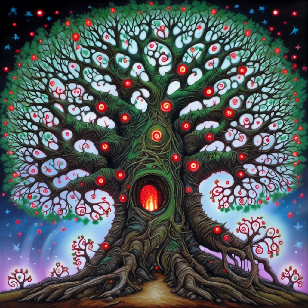 Whimsical Tree Wrapped in Alternating Colored Lights