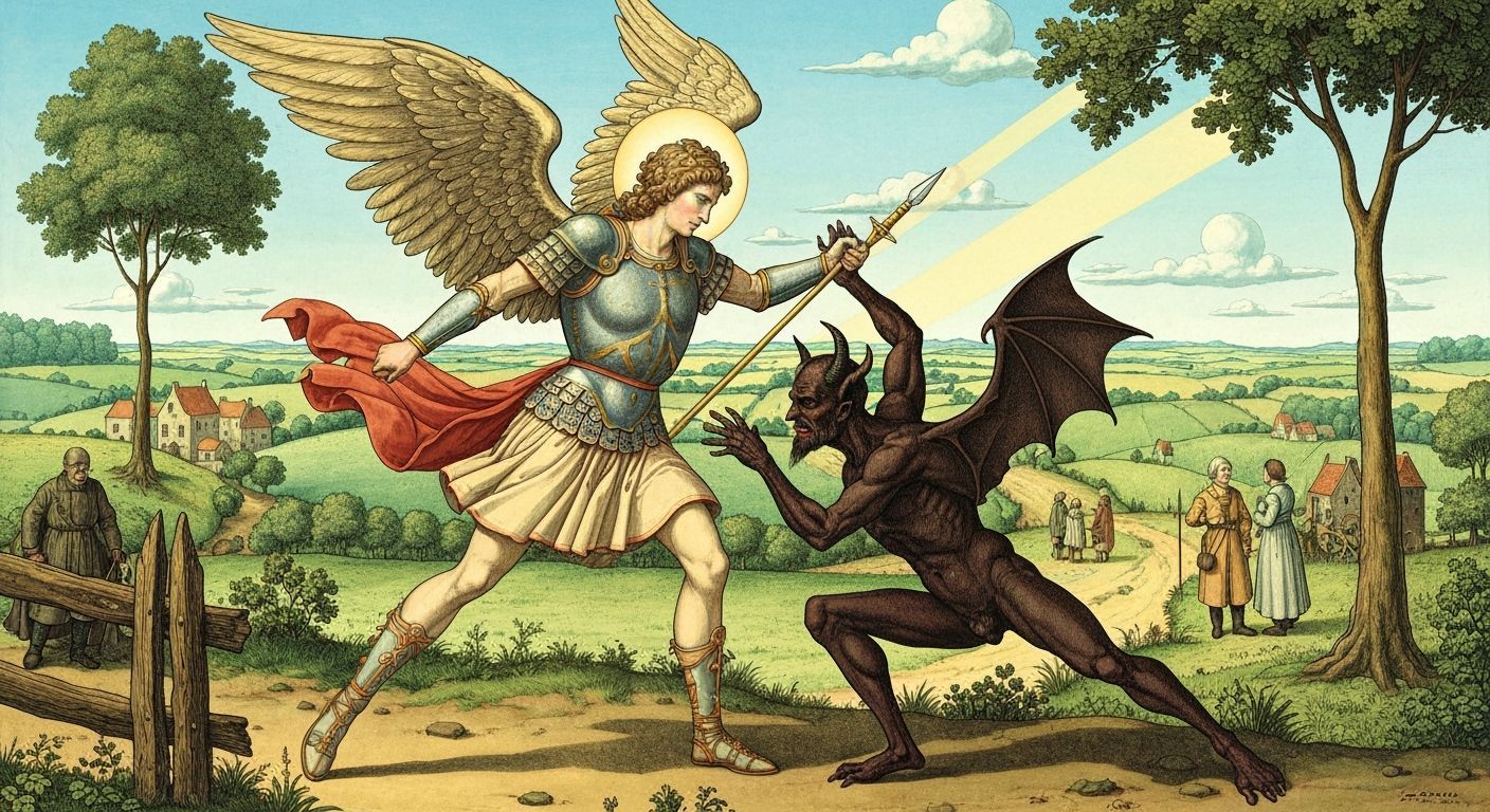 Archangel Michael Battles Satan in Surreal Belgian Landscape