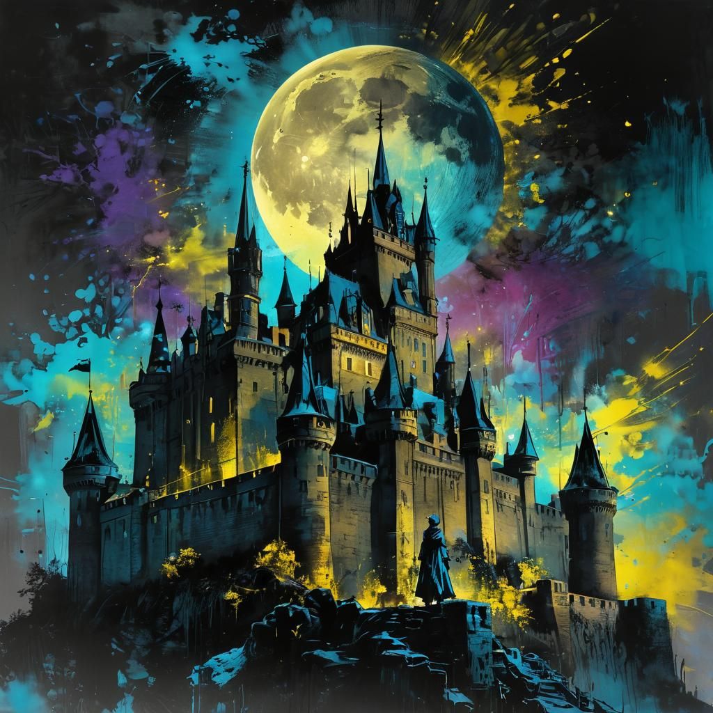 Dickensian giant black super moon with a dark blue halo shimmering over the castle ramparts. Charcoal and Ink splashes o...