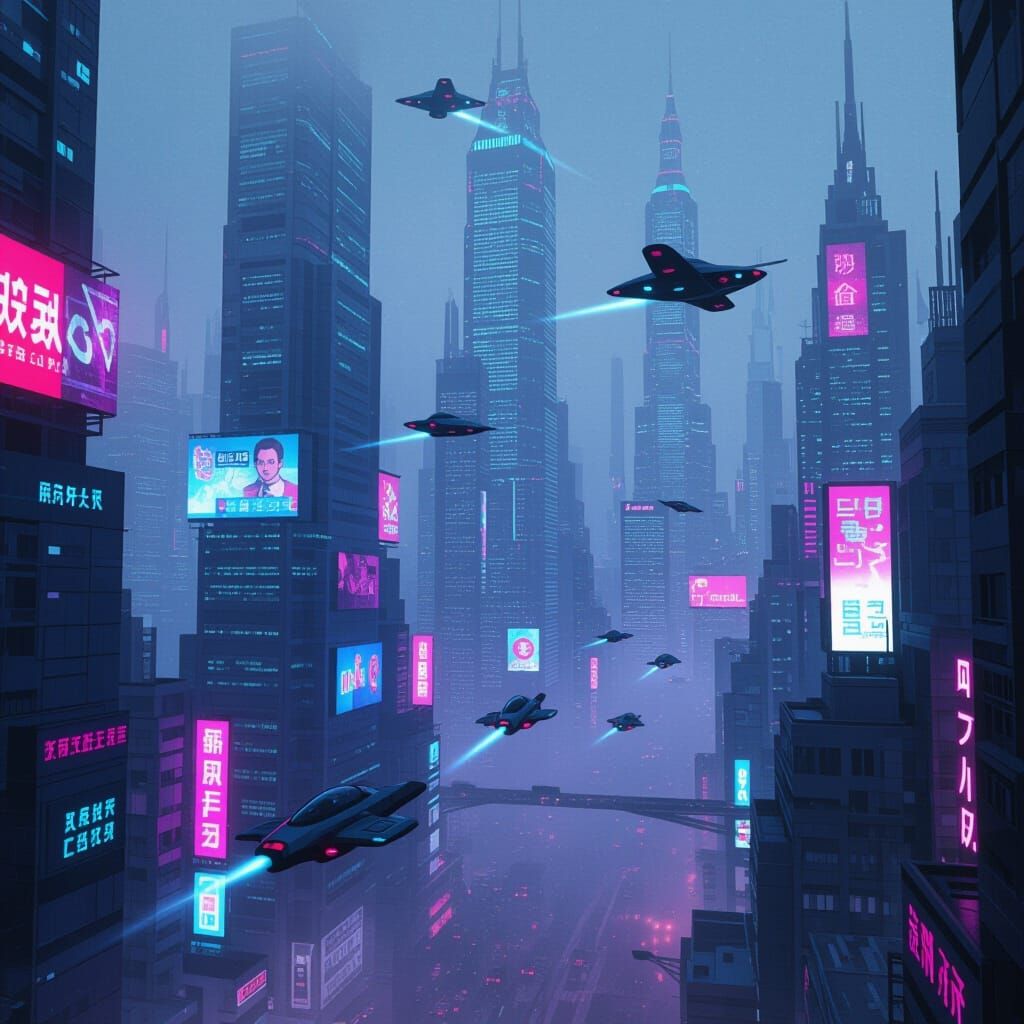 Neon Cyberpunk Cityscape with Flying Vehicles