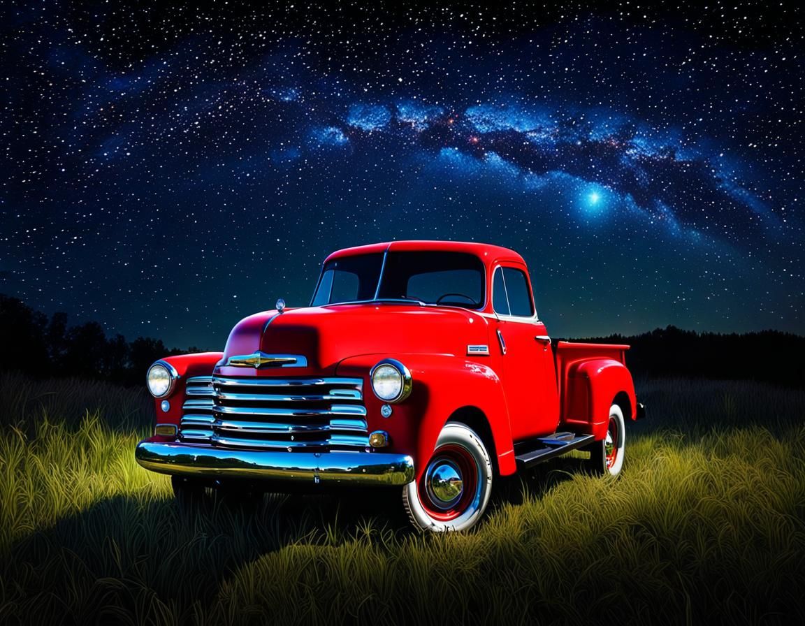 Red Pickup Truck Under Starry Night Sky