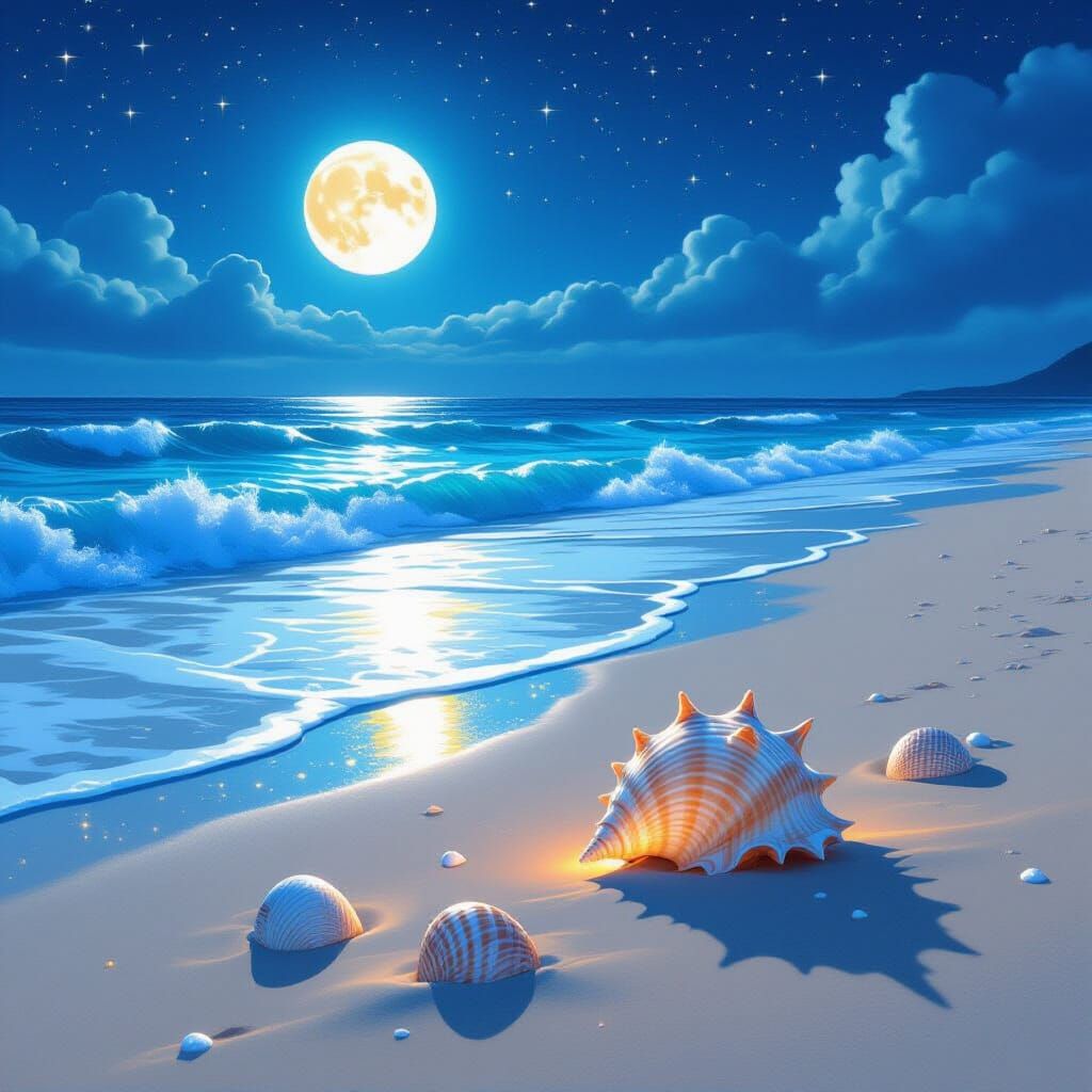Bioluminescent Beach with Ocean Shells in Magical Realism